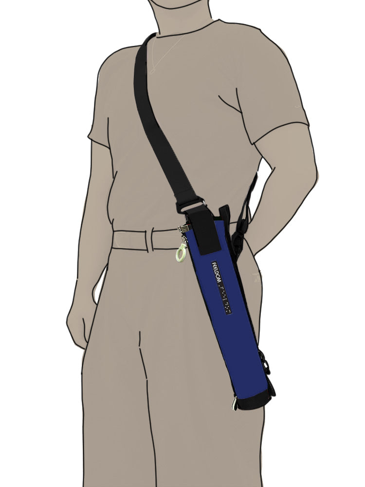 a person wearing a Navy blue cane pouch by their hip with a black crossbody strap