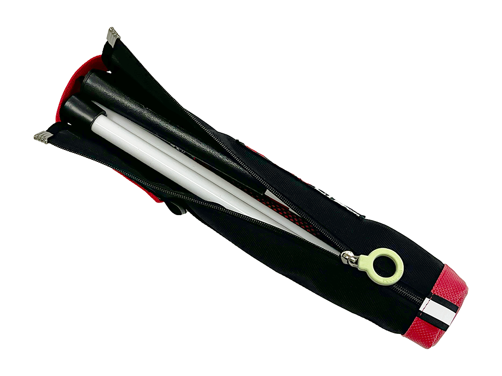 A black zippered carrying case containing a folded white cane.