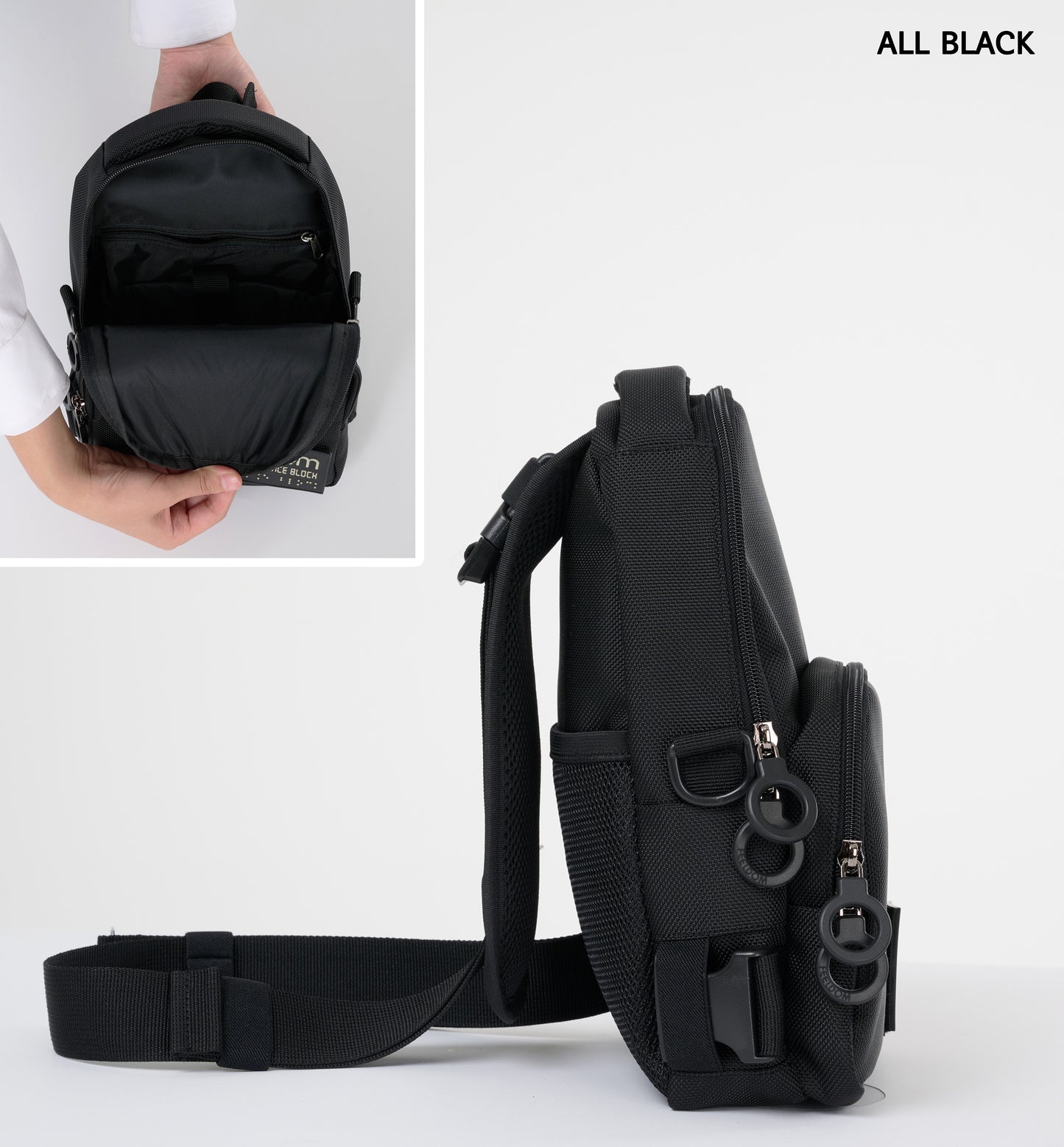 Details of the "All Black" crossbody bag that has black outside, black lining, and black zippers, so it's literally all black except the glow-in-the-dark logo patch.