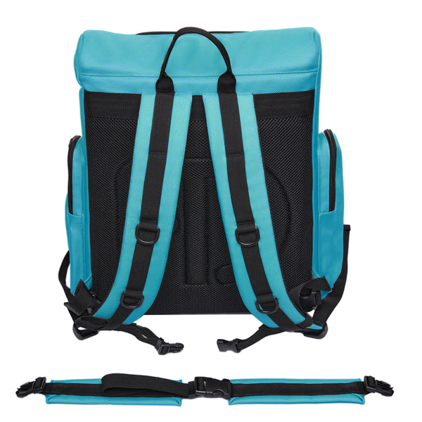 Star Backpack in Aqua, back view, showing the padded backpack straps, padded mesh back cushion, removable waist strap, chest strap and d-rings for attaching gear. 5 inch handle at the top. All trim is black.