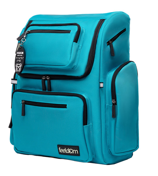 Star deluxe backpack in Aqua blue with black zippers and trim. Streamlined and contour design with Feeldom label and Goldie Braille Keychain.