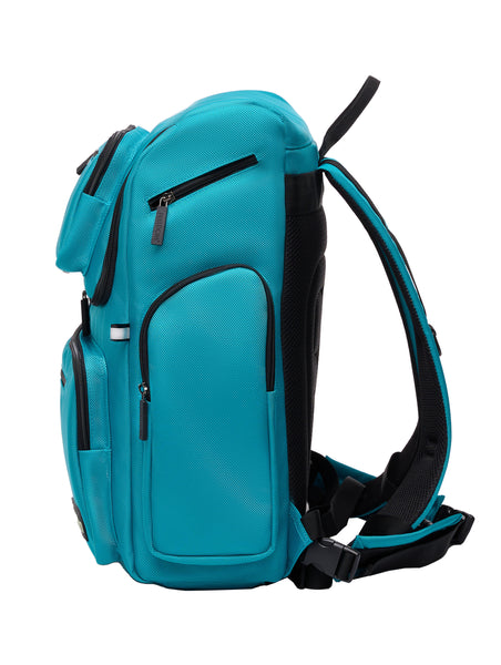 Star Backpack in aqua blue, side view. The thickly padded structure sits upright and the 8 inch tall insulated side pockets hold a thermos easily.
