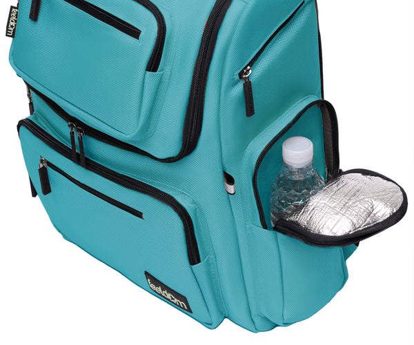 Star Backpack's side pockets open to show the silver thermal insulation inside. There is a waterbottle which fits easily inside the pocket.