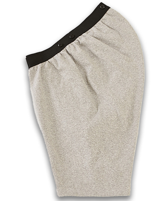 Side view of only the beige cotton briefs that come with Brief Tech Jeans. The waist band is black elastic with 2 buttons on each side and 2 buttons on the back. The rear area is especially contoured for people who remain in a seated positon.