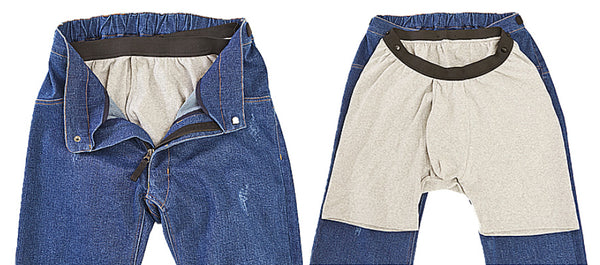 side by side images of the Brief Tech Real Jeans. On the left are the jeans with beige cotton breifs inside, attached to the waist band by special buttons. The right image shows the cotton brief boxers on the outside of the jeans, so you can see the buttons on the waist band. The briefs are a little bit long, about 14 inches from the waist.