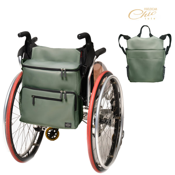 Feeldom Chic in gray, attached to the back of a manual wheelchair. Smaller back view image shows the two side straps loop around the handles of the wheelchair or walker or stroller with heavy duty clips. They are adjustable to fit anywhere.