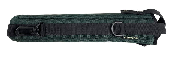 The back view of a cane pouch, showing a plastic clip, black molle webbing straps, a D-ring where the carabiner attaches. Carabiner not shown, but it is included with purchase.