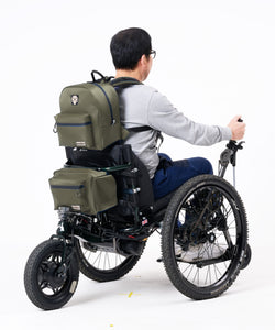 Buddy Sport outdoor set in Khaki, worn by a guy in a Mountain Trike wheelchair