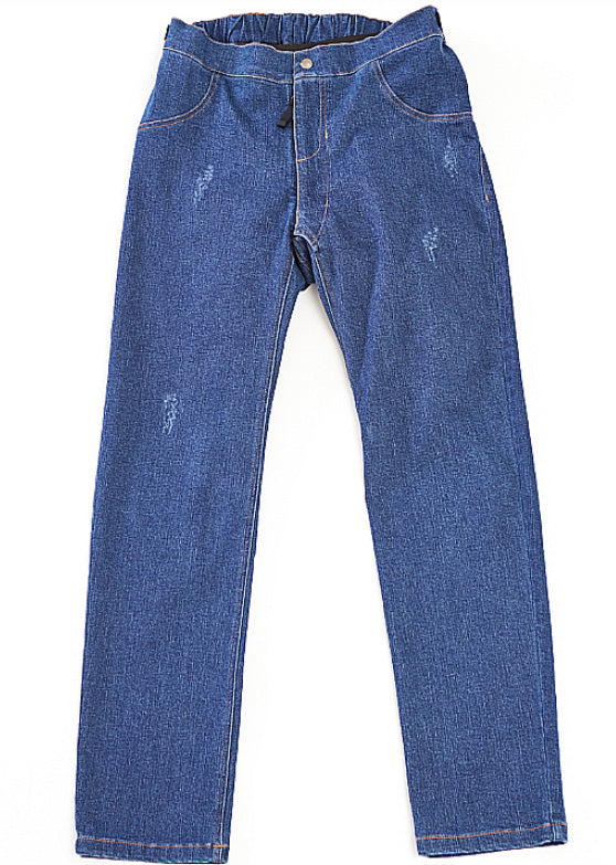 Full front view of Feeldom Real Jeans, Brief Tech model. The premium hand-crafted jeans are a little bit ripped on the front in some places for a cool accent and worn effect. The fly zipper has a black zipper pull and the side pockets are sewn on details, and not actual pockets. The band is flexible elastic and a hook and eye closure with a snap-looking front.