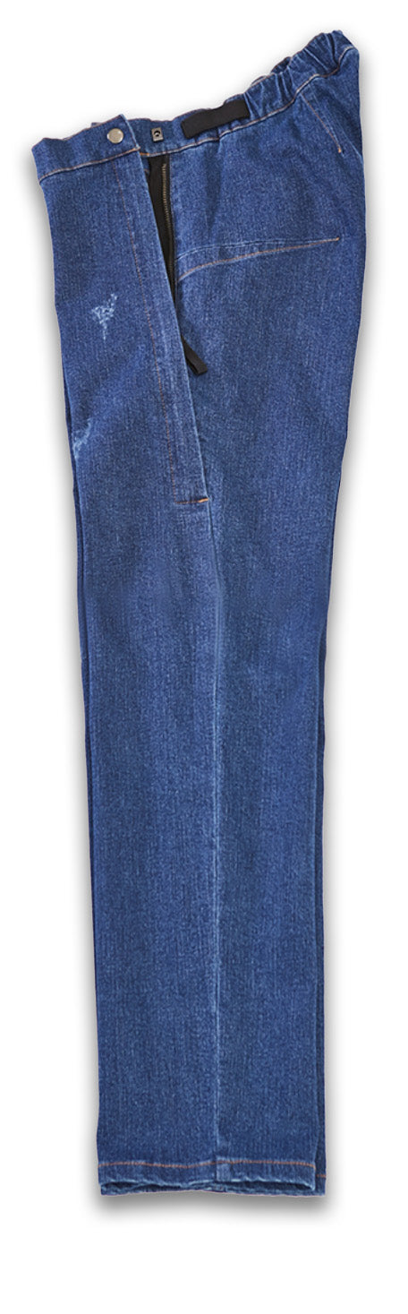Side view of Hipster jeans, showing the side zippers. They have a black zipper pull for easy access. The waist band is elastic and contoured rear for comfortable seating all day long. Black elastic belt loops for holding medical gear or clipping on personal items.