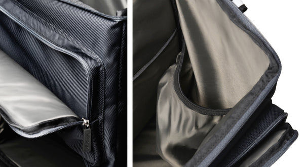 close up details of the TREK backpack. Left: front pocket is zipped open showing the high-quality thickly padded ballistic nylon and the quality of the zippers. Right: an inner pocket is water-resistant nylon with an elastic band to hold containers or tall items safely inside on the right side.