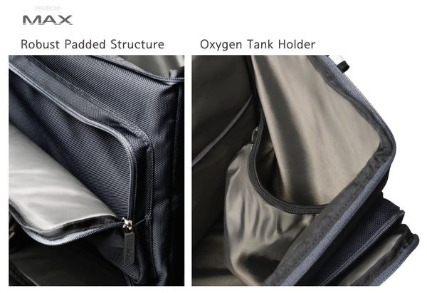 2 detailed views of Max Large wheelchair bag, inside. Front pocket is open revealing a thickly padded front and premium zipper. Inner left elastic pocket holds containers, sneakers, tripods and other bulky items securely.