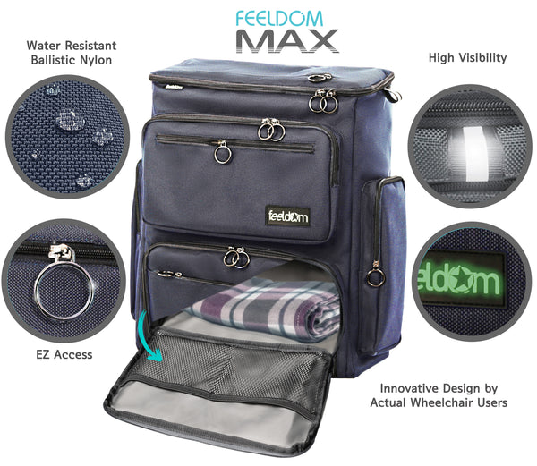 4 detail features of Max Large wheelchair bag: Water-resistant ballistic nylon sheds rain and spills. Metal ring zippers for easy access. High visibility tags and labels for safety. Innovative design by actual wheelchair users.