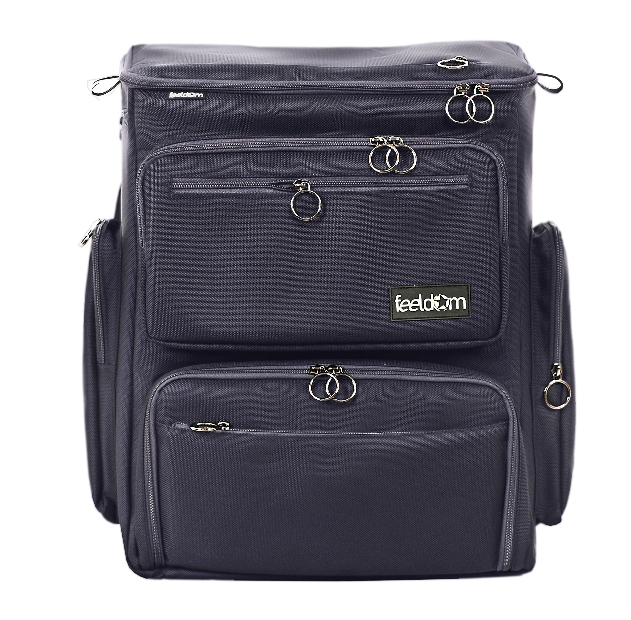 Feeldom Max Wheelchair bag in Large, Dark Navy. Rectangular front pockets have another pocket inside that. Side pockets are 11 inches high.