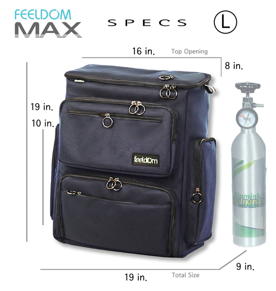 Specs for Max Large wheelchair bag. Height 19 inches. Length 19 inches. Depth is 9 inches. The side pockets are 10 inches, and the rectangular top zip opening is 16 by 8 inches