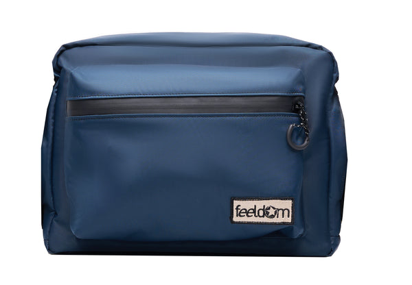 Buddy Sport Cooler front view. Dark Blue Shiny Waterproof nylon with embroidered Feeldom logo patch. Black waterproof zippers and front pouch with ring-zipper pulls