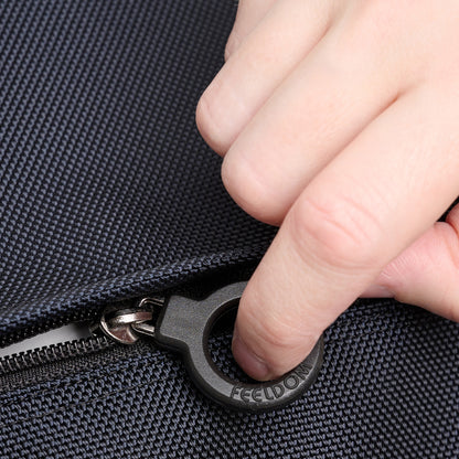 Feeldom's premium custom black plastic ring zipper is 1 inch wide. The finger can easily grab the ring and slide the zippers. Feeldom logo is raised. The ring zipper looks like a big lifesaver!