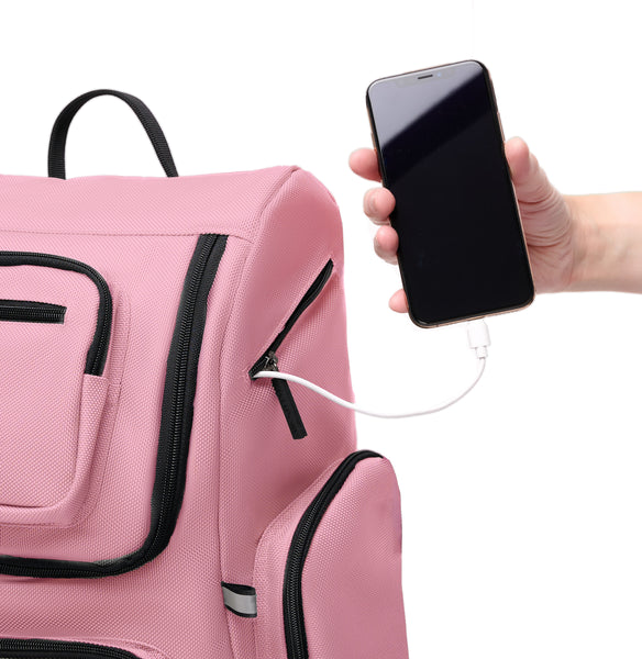 Star in Rose pink, showing the side zipper access slot and a person holding the attached cell phone.