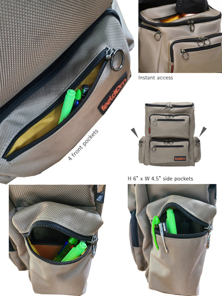 Multiple view of the pocket detail of bag with pens inside. A hand reaching in through the top opening