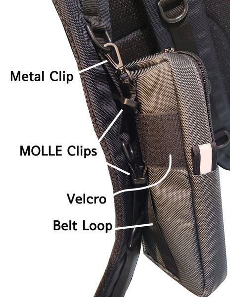 Side view of quickie pouch shows the different methods of attaching. Metal clip, top. Molle webbing clips 2 in the middle. Velcro strip along the back, Belt loop along the lower half.