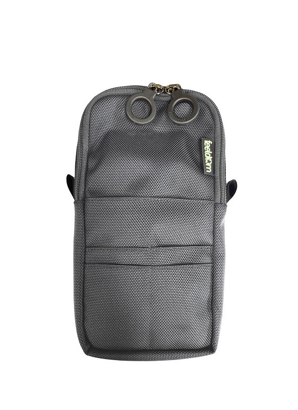 Quickie Pouch for phone and accessories. Charcoal gray ballistic nyon with black ring zippers. 