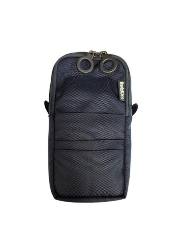 Feeldom's smallest Pouch, perfect for phones and wallets and cards. Dark Navy ballistic nylon, front view with slots for your phone and cards. Black ring zippers open the main compartment.