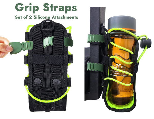 Detail of the Grip Straps: 2 rubber straps that are sold separately or as an option.  They go through the MOLLE webbing on the back and wrap around any frame or structure. They are wide and non-slip, fully adjustable up to 9 inches long by 1/2 inch wide.