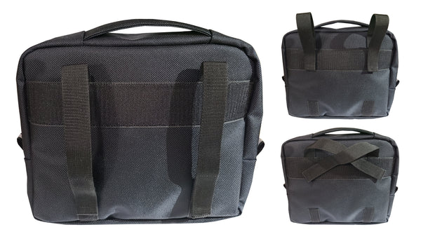 Multiple back views of the tech pouch. Left: 2 vertical velcro straps are attached to the bottom of the pouch, top of the pouch, or in a custom placement. Multiple attachment points allows ease of use for travel, attaching to a backpack, or attaching to wheelchairs and walkers.
