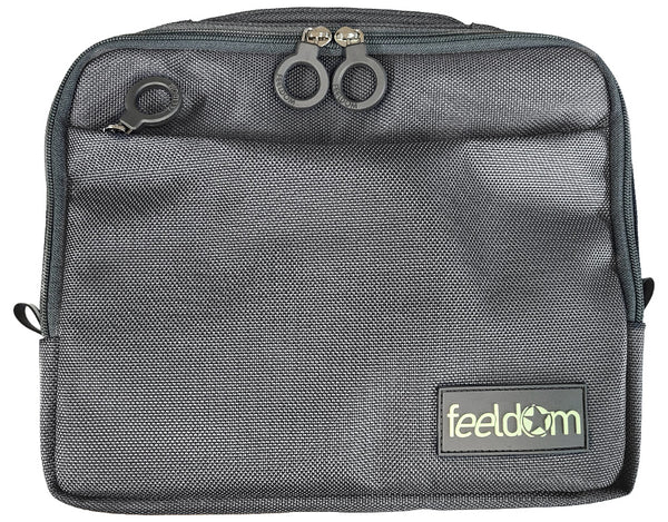 Tech pouch in charchoal gray, front view.