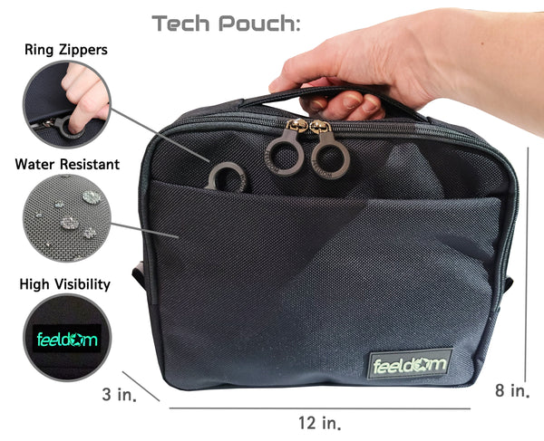 Details of TECH pouch:  Ring zippers, Water Resistant ballistic nylon, High visibility labels. Image: a hand holding Tech pouch handle. Size is 12 by 8 by 3 inches.