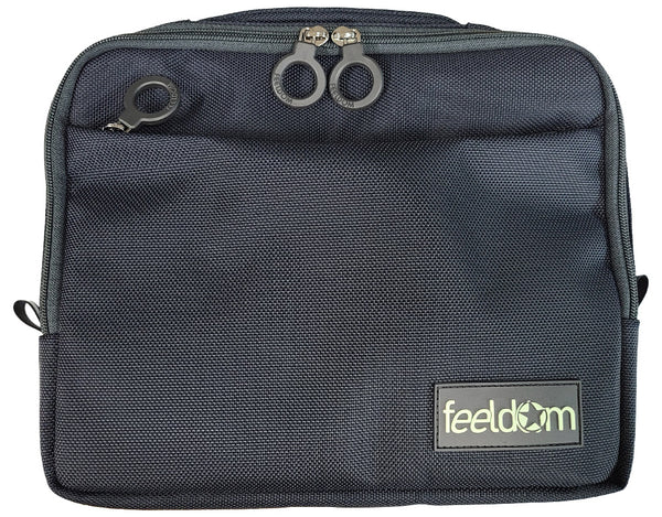 Feeldom Tech Pouch in Dark Navy has a zip compartment on the front and double ring zipper opening to the main compartment. Black and white luminous Feeldom Logo on the front. Ring zippers are black plastic and metal.
