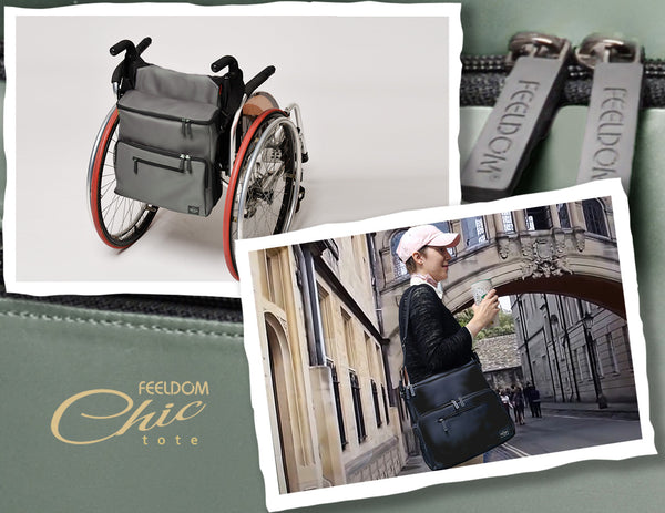 Feeldom Chic Medium Tote collage. Close up of the premium quality fabric, shiny nylon and water -resistant. Premium Feeldom rubber zipper pulls. The Chic Medium attached to a manual wheelchair. A girl carrying the Chic Medium totebag on her shoulder while walking around paris. 