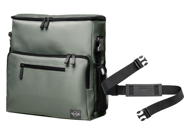 Feeldom Chic gray tote bag has a removable shoulder strap with a plastic shoulder pad. The Tote bag is square and has a box-open zipper lid and front pockets. The side pockets are black elastic mesh.